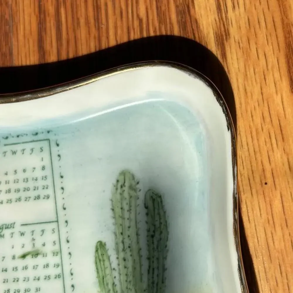 Y2K millennium year 2000 calendar cactus gold rim painted ceramic jewelry dish